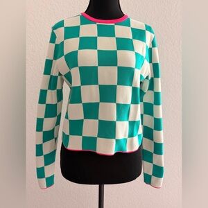 ZARA Green & White Checkered Knit Top | Neon Pink Trim Long Sleeve